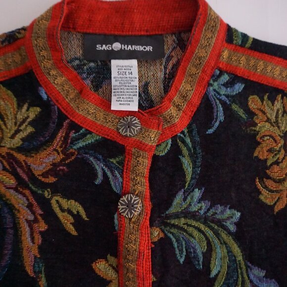 Vintage Sag Harbor Tan Tapestry Button Up Jacket Red Navy Floral Boho 14 - Picture 10 of 10